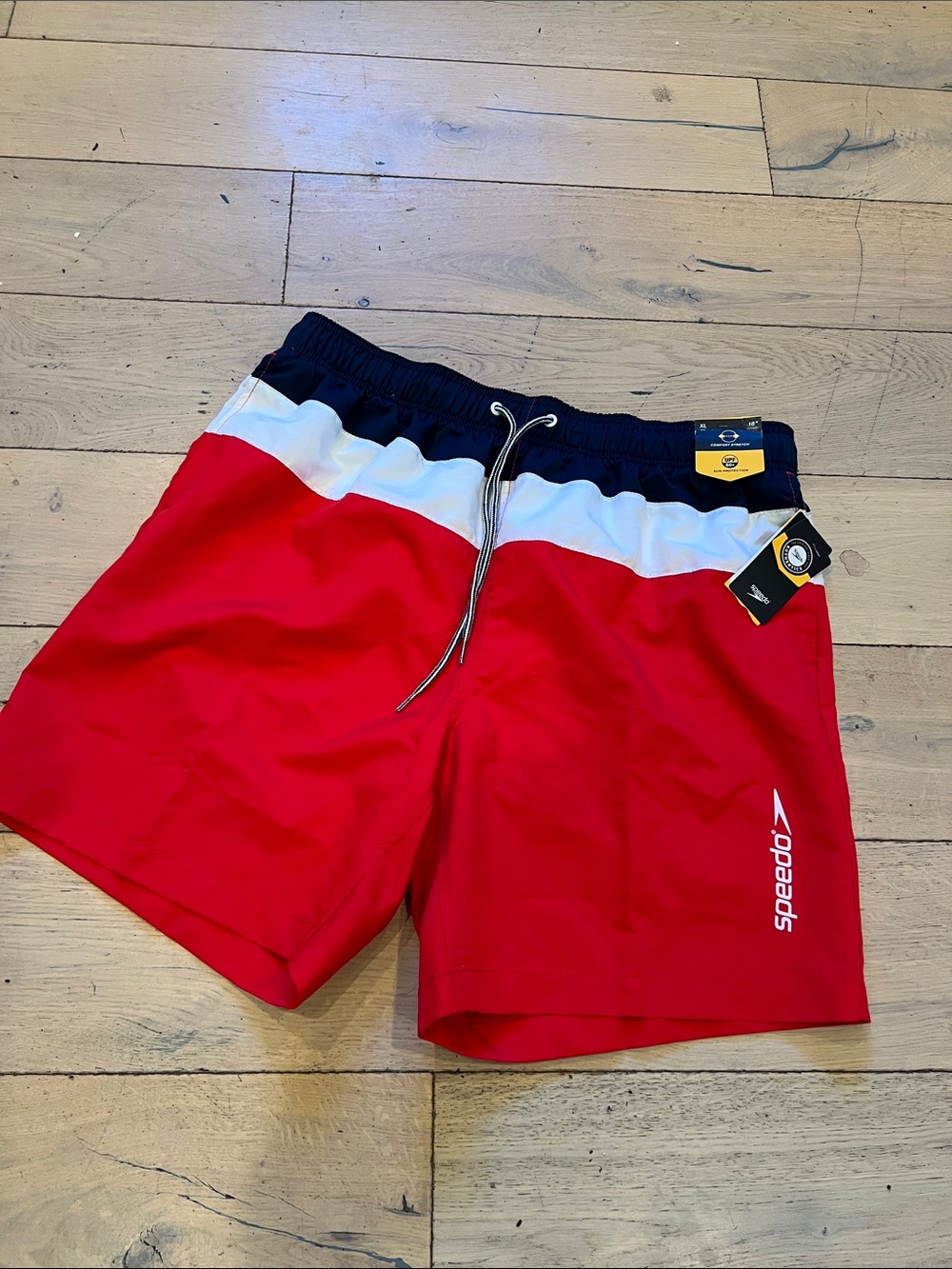 Speedo Men’s Red Swim Trunks with Navy & White Waistband